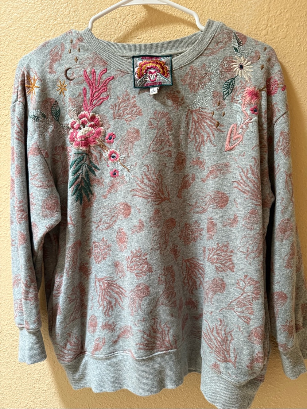 Johnny Was Heather Gray Sweatshirt with Pink Floral Embroidery